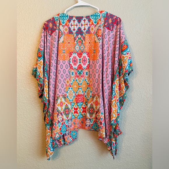 Feathers by Tolani Kimono Open Front Bohemian Duster Orange Teal Coverup Size M - Picture 4 of 6